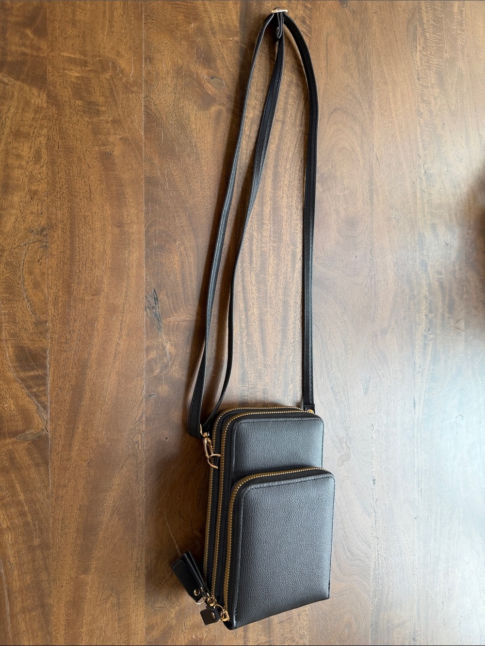 Black and gold faux leather crossbody compact phone bag